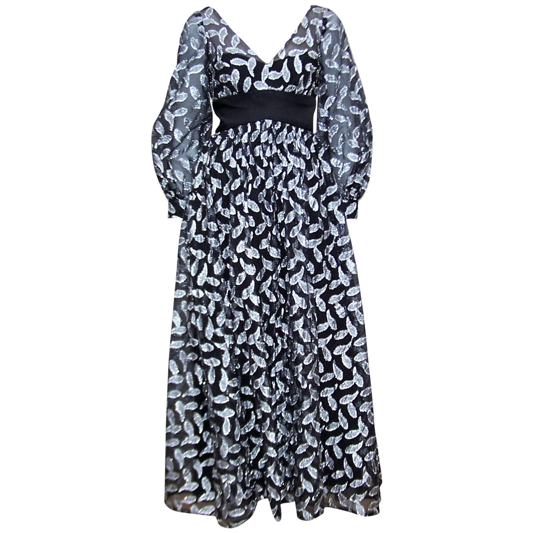 C.1970 Saks Fifth Avenue Black & Silver Metallic Evening Dress