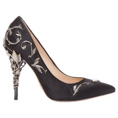 RALPH RUSSO Eden black satin gunmetal embellishments pointed pumps EU35