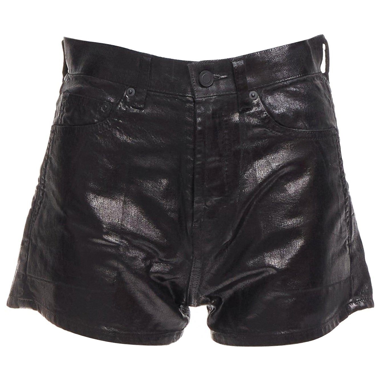 SAINT LAURENT 2020 black coated cotton high waisted wide leg shorts 26" For Sale
