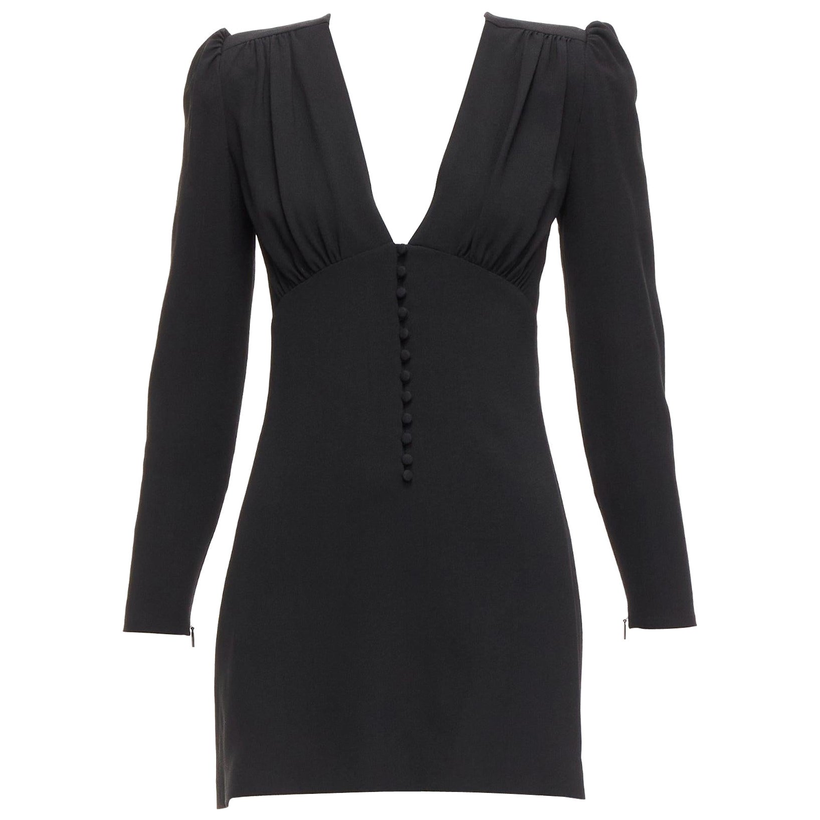 SAINT LAURENT 2022 black deep V neck wrapped buttons mini dress FR34 XS For Sale
