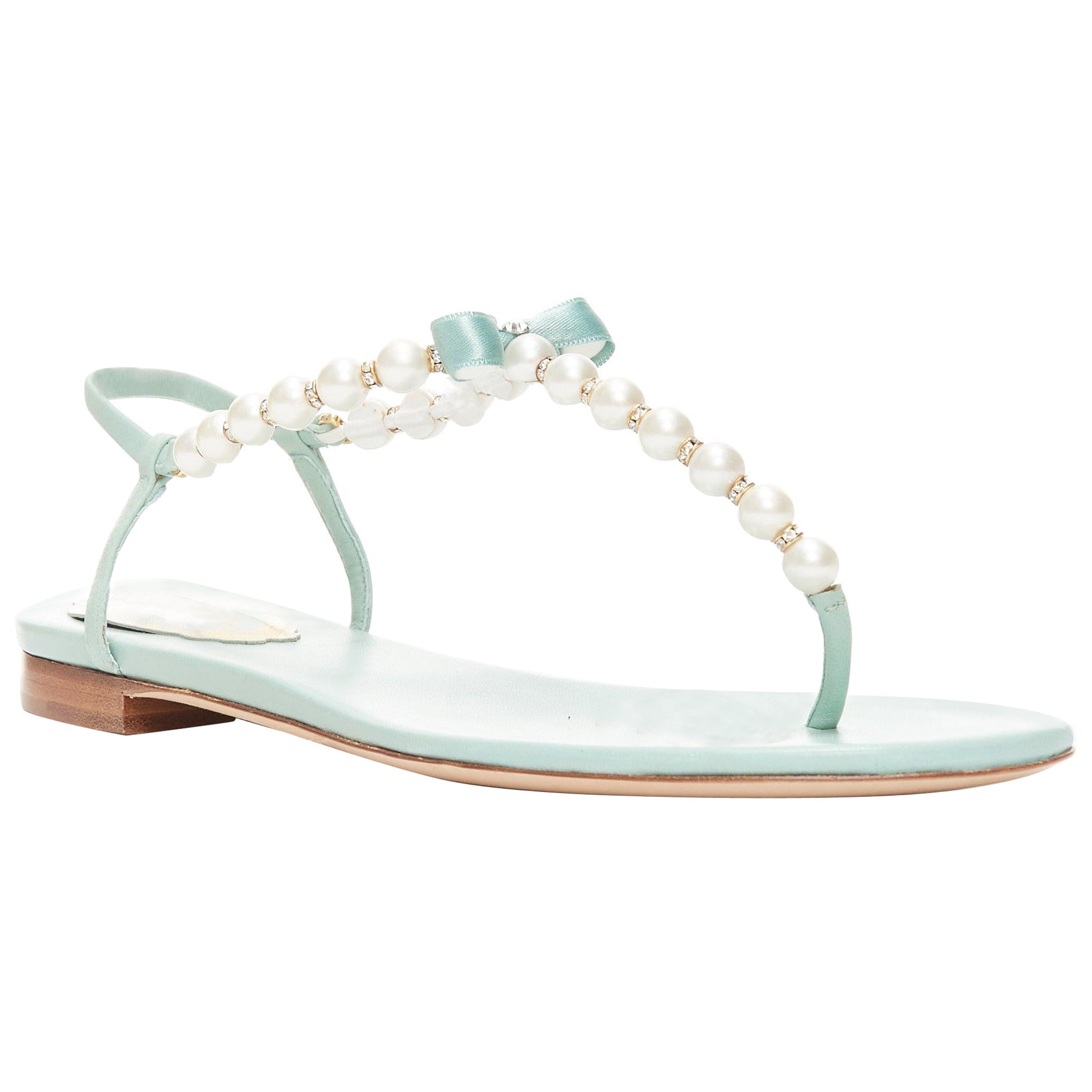 RENE CAOVILLA teal leather bow crystal pearl tstrap flat sandals EU37 For Sale