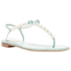 RENE CAOVILLA sandali piatti in pelle verde acqua con fiocco e perle EU37