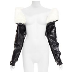 rare SAINT LAURENT Runway black leather white shearling foldover sleeves