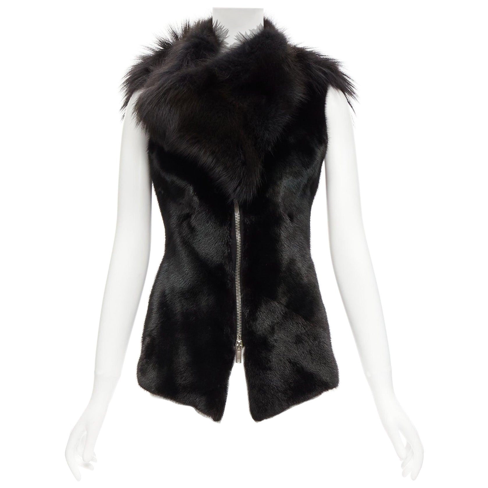 raro Rick Owens Palais Royal nero, pelliccia mista, gilet asimmetrico con cerniera e giacca
