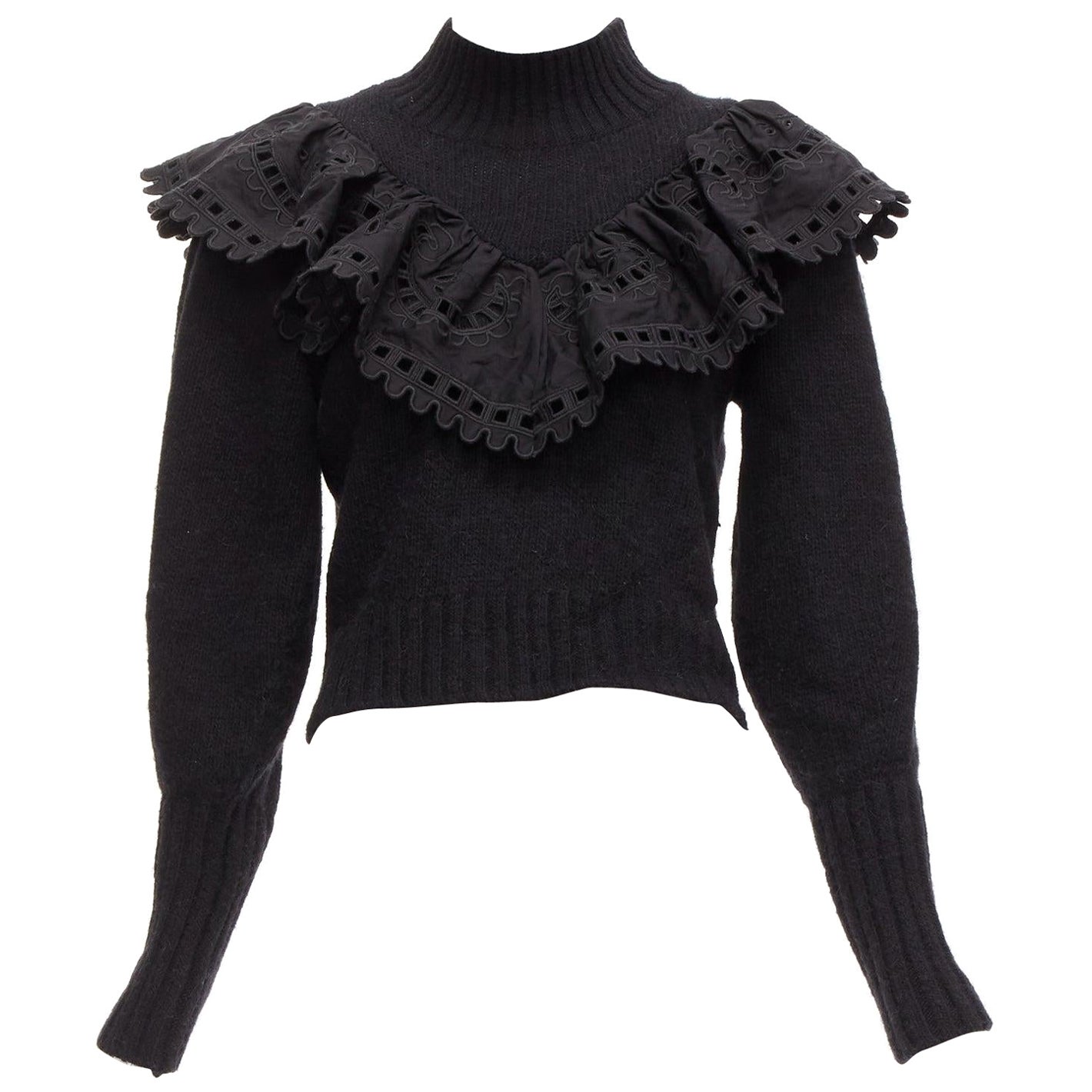 SEA NEW YORK black merino wool alpaca Victorian ruffle crop sweater XS For Sale