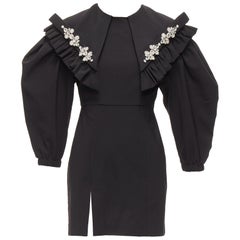 SHUSHU TONG Schwarzes Minikleid mit großem Kragen und Puffärmeln aus Kristall UK6 XS