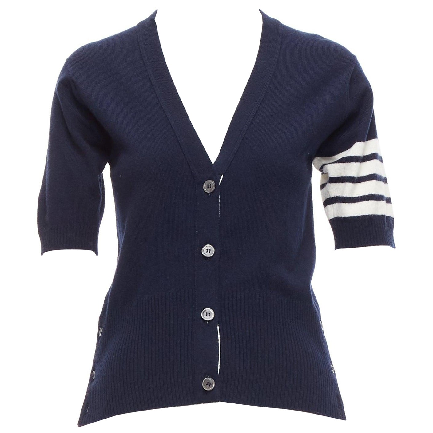 THOM BROWNE 100% cashmere, cardigan a 4 strisce bianche e blu con bottoni, IT44 L.