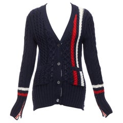 THOM BROWNE marineblauer, rot-weißer, Woll-Accessoire-Strickpullover aus Kabelstrick IT40 S