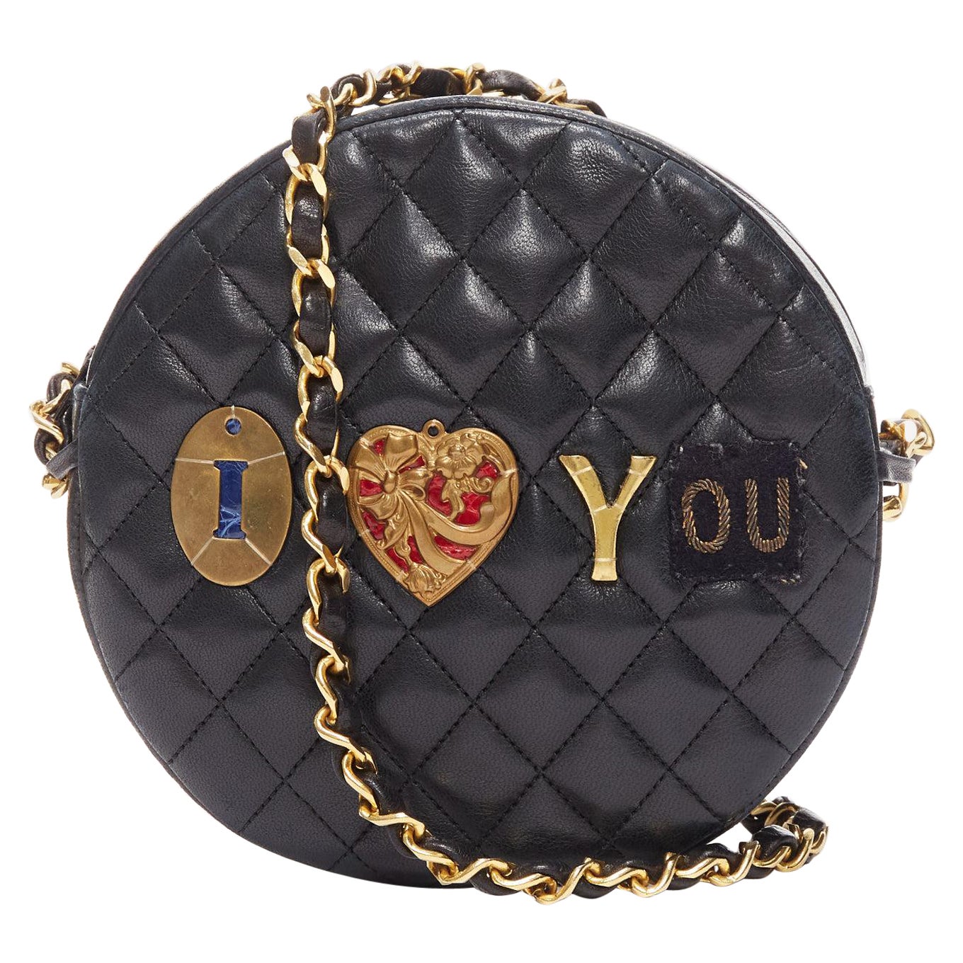 TIGER IN THE RAIN CHANEL Vintage I Love You applique round crossbody chain bag For Sale