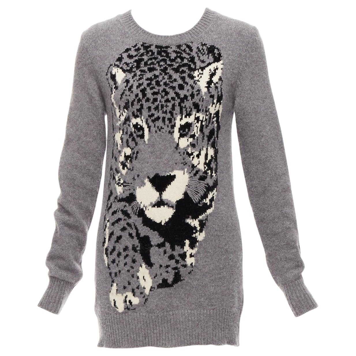 STELLA MCCARTNEY grey black cream leopard intarsia crew neck knitted dress For Sale