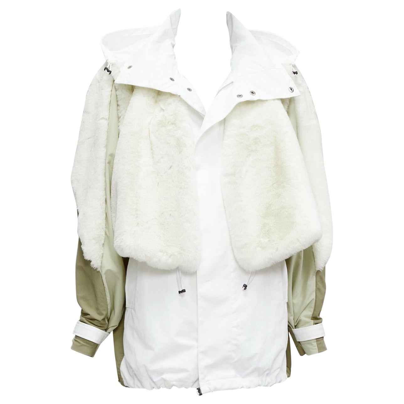 TOGA PULLA white nylon cream faux fur layered deconstructed parka jacket FR36 S For Sale