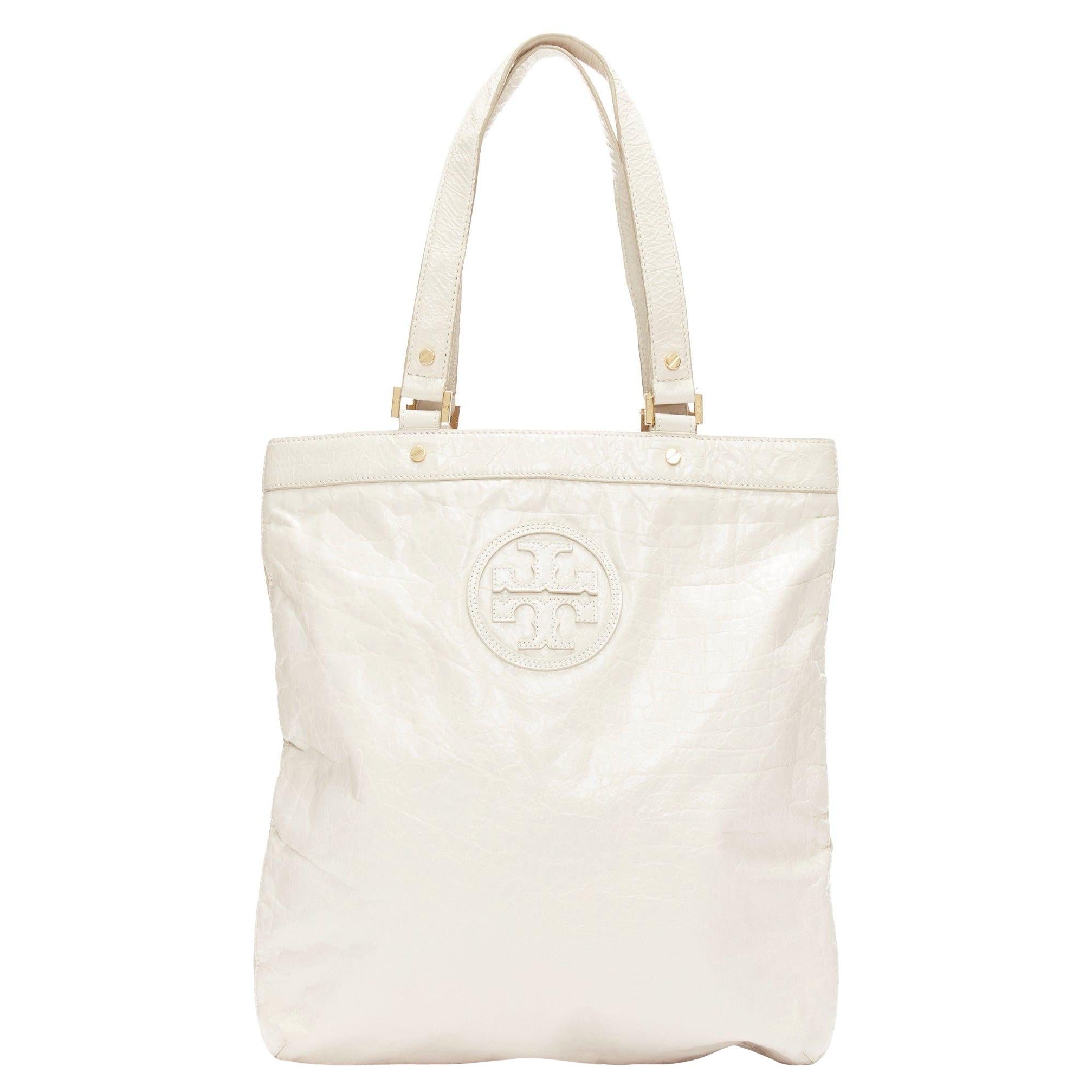 TORY BURCH white textured leather logo patch gold hardware A4 tote bag For Sale