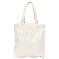 TORY BURCH white textured leather logo patch gold hardware A4 tote bag