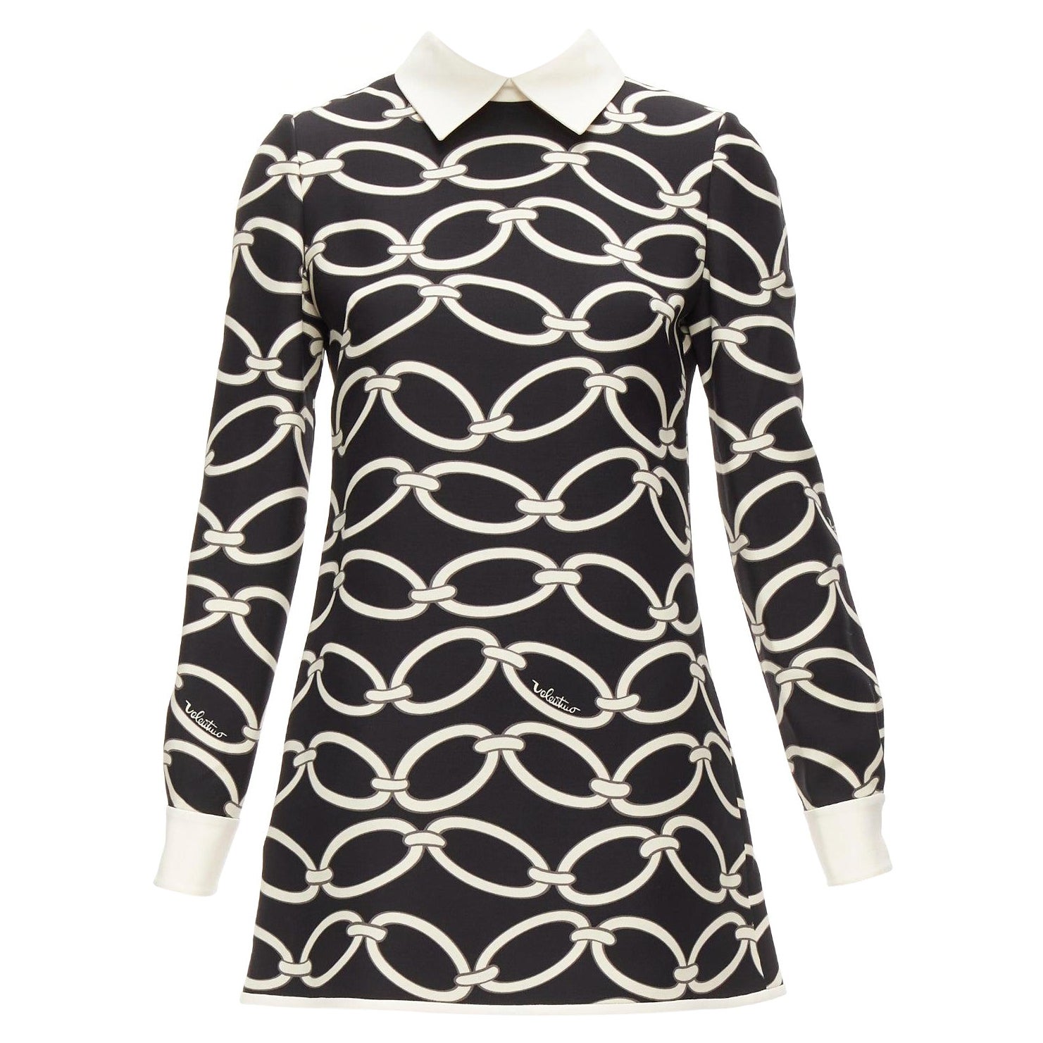 VALENTINO negro blanco cadena impresión lana virgen seda vestido IT38 XS en venta