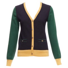 TORY BURCH 100% merino wool colorblocked logo button cardigan sweater M