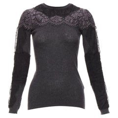 VALENTINO Grauer schwarzer Pullover mit Rundhalsausschnitt aus Schurwolle und Kaschmir mit Spitze XS
