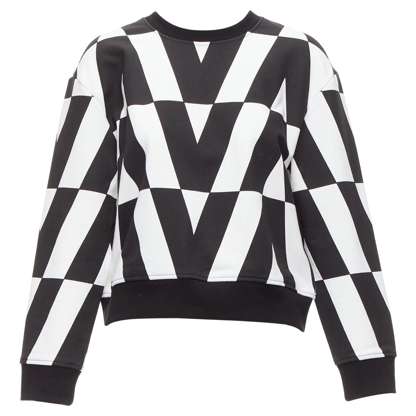 VALENTINO V LOGO black white optic graphic crew neck cropped sweater XS en vente