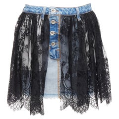 UNRAVEL PROJECT black floral lace ruffle blue denim inside out skirt 25"