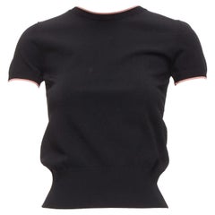 VALENTINO black pink rib trim crew neck short sleeve cropped sweater top S