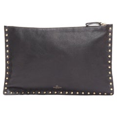 VALENTINO Rockstud black gold round studs logo triangle flat clutch bag