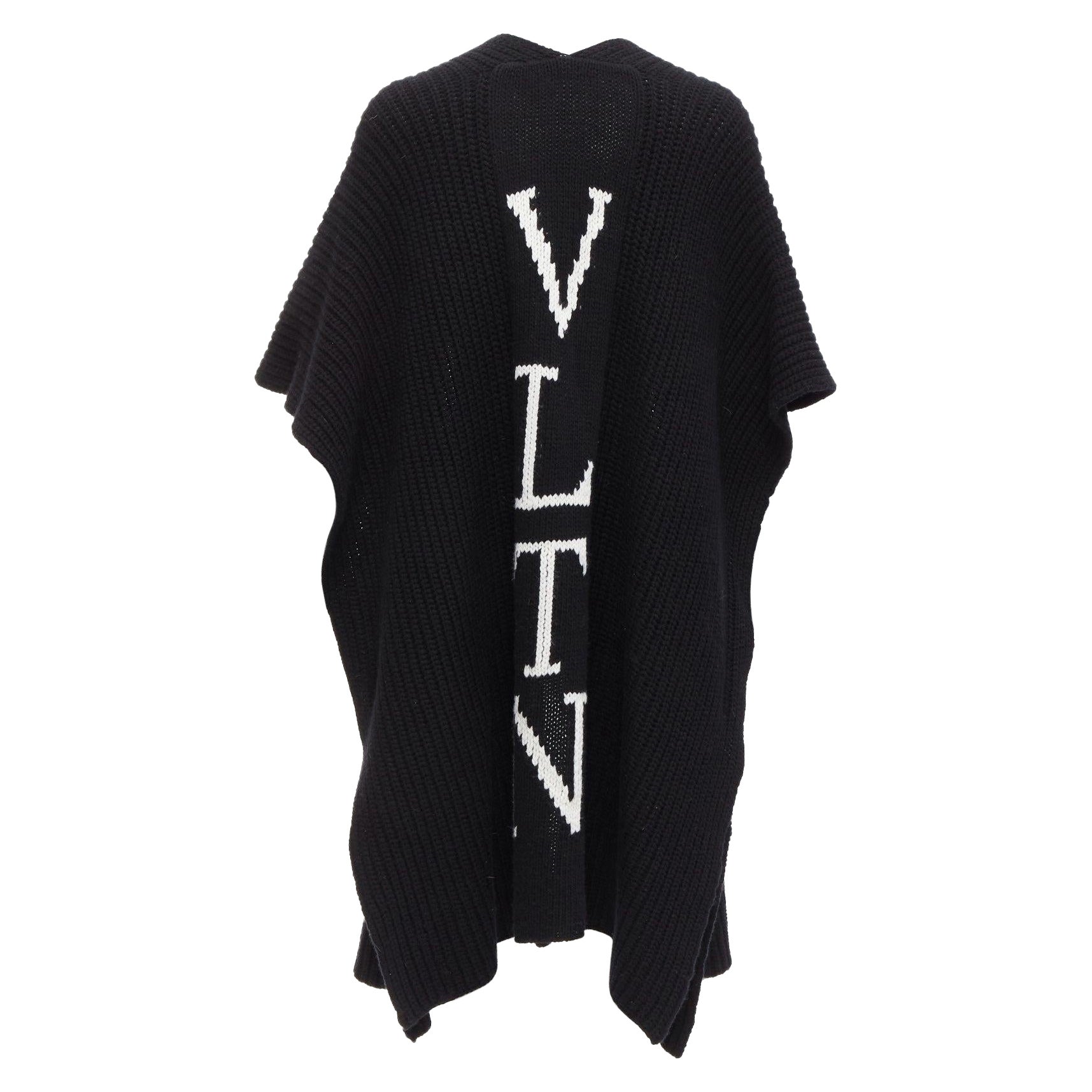 VALENTINO VLTN black 100% virgin wool logo back poncho cardigan M For Sale