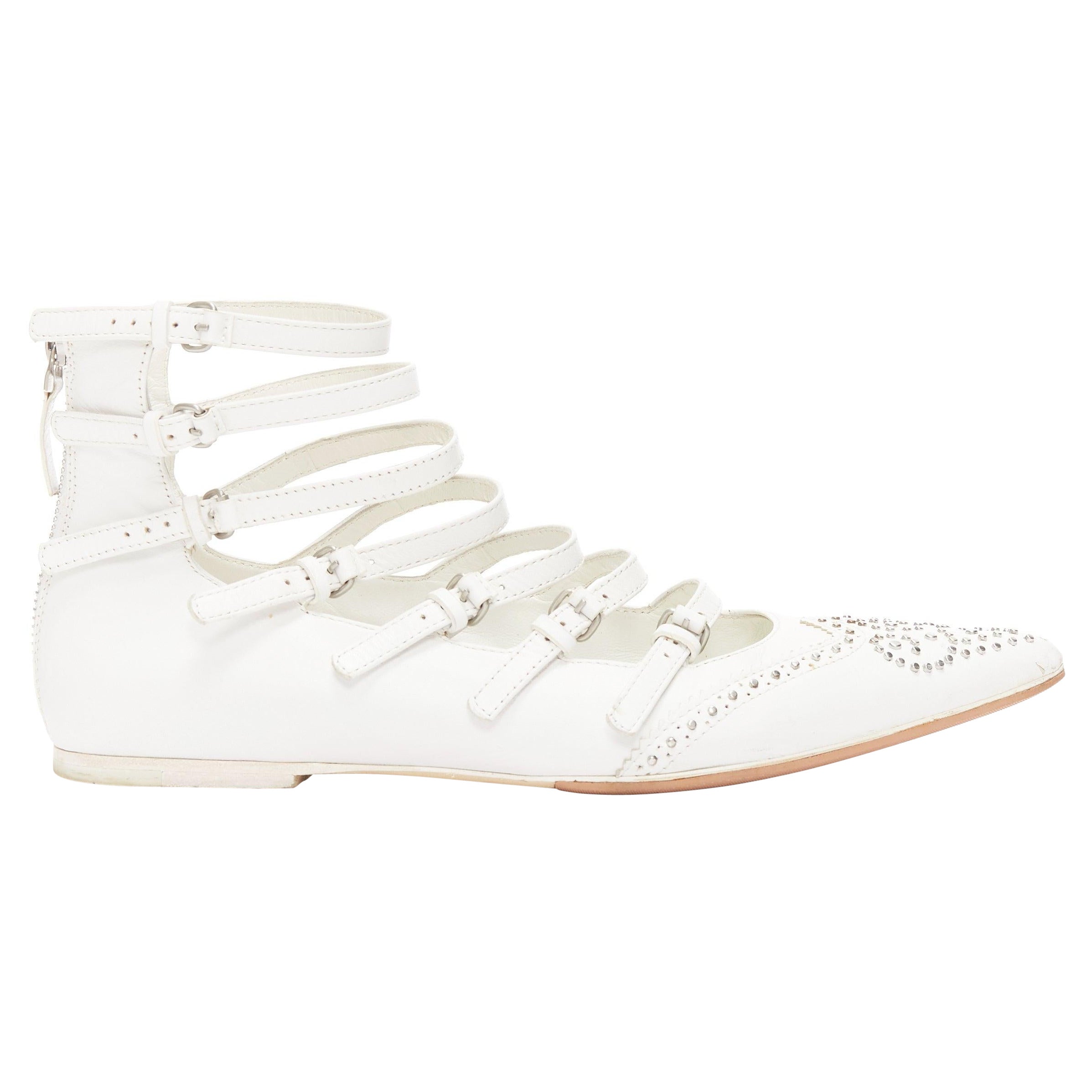 VERONIQUE BRANQUINHO white leather silver studded wingtip strappy flats EU37.5 For Sale