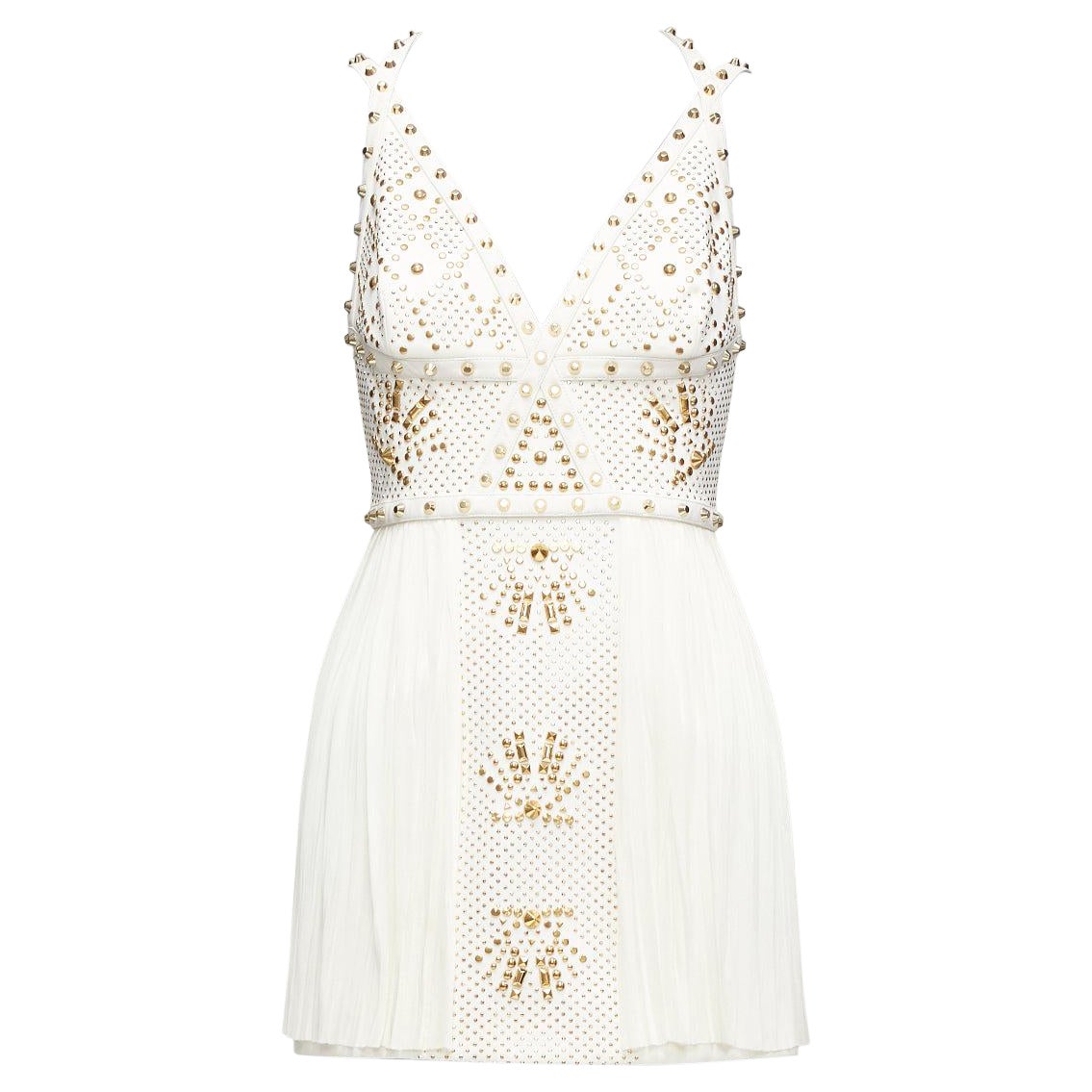 VERSACE 2011 Runway white studded leather silk skirt mini dress IT38 XS For Sale