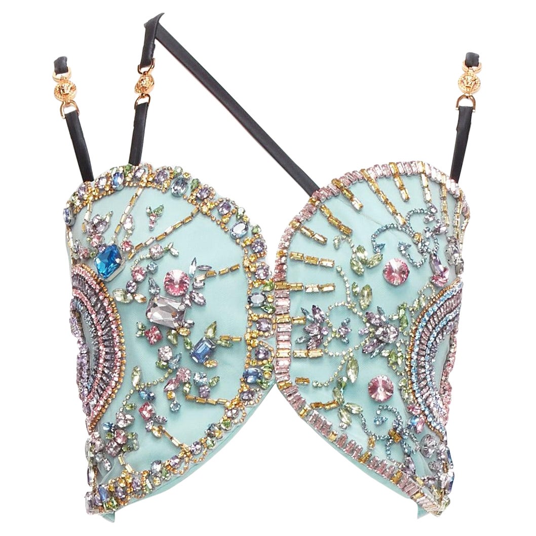 VERSACE Runway blue silk crystal rhinestone embellished fan bondage top IT40 S For Sale