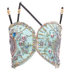 VERSACE Runway blue silk crystal rhinestone embellished fan bondage top IT40 S