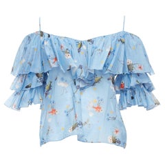 VIVETTA blue cotton animal floral print tiered bell sleeves strappy top IT40 S