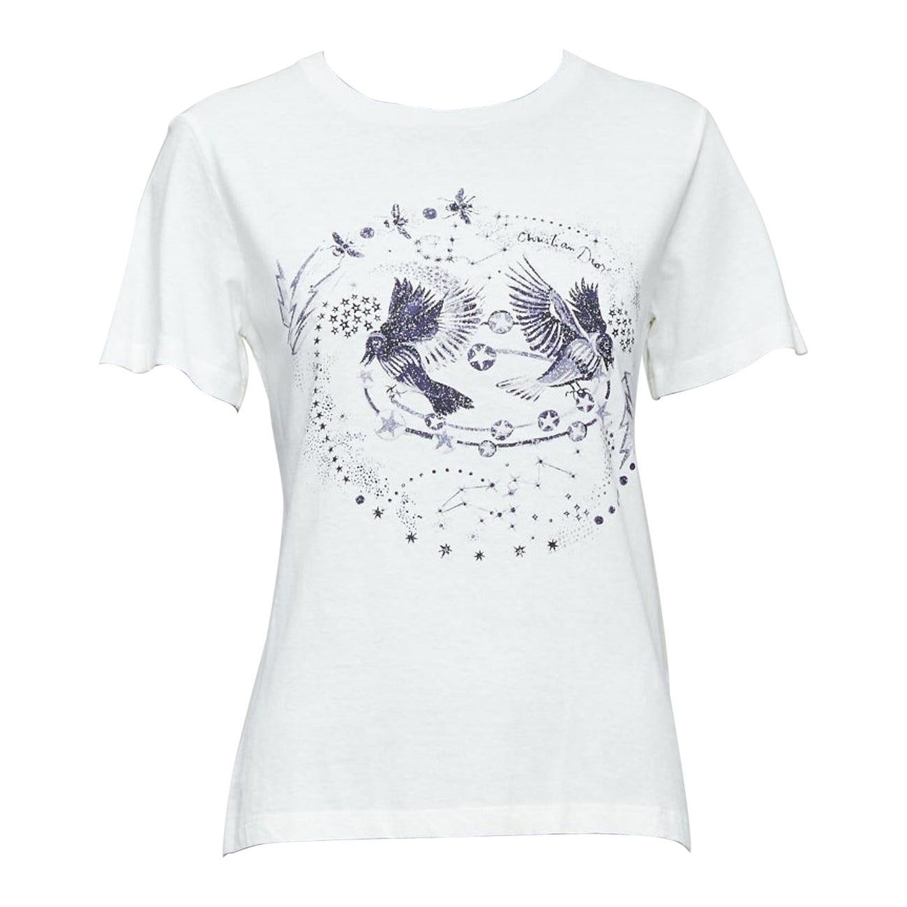 DIOR navy double bird astrology print white cotton linen short sleeve tshirt XS For Sale