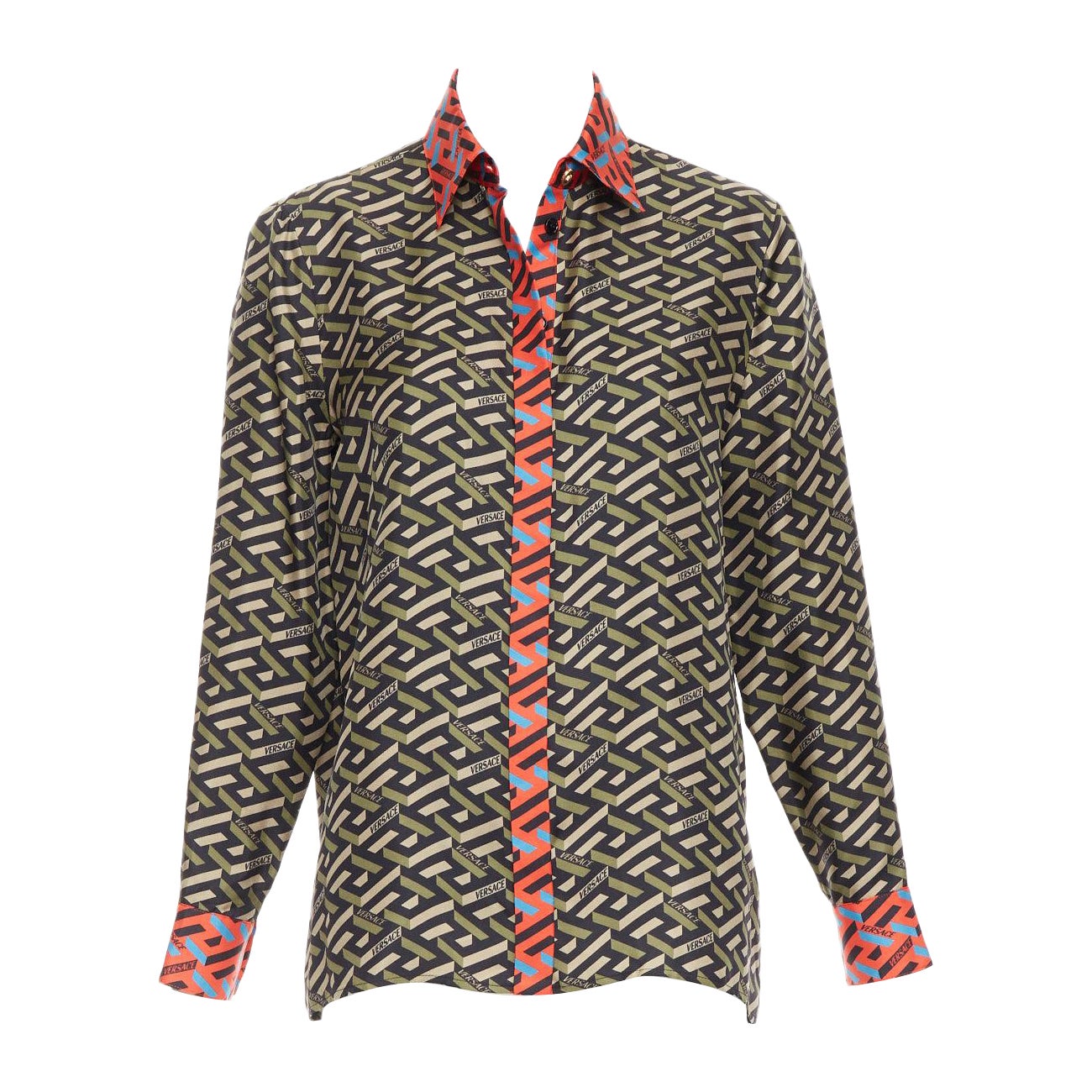 VERSACE La Greca 100% silk green red geometric print logo shirt IT36 XXS For Sale