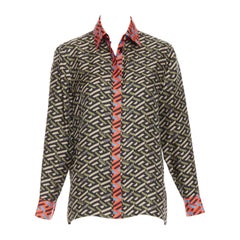 VERSACE La Greca 100% silk green red geometric print logo shirt IT36 XXS