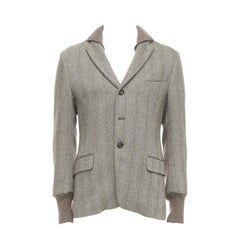 YVES SAINT LAURENT brown herringbone cashmere silk layered collar jacket FR48 M