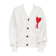 Cardigan boutonné AMI De Coeur en laine vierge crème avec logo en forme de cœur XL