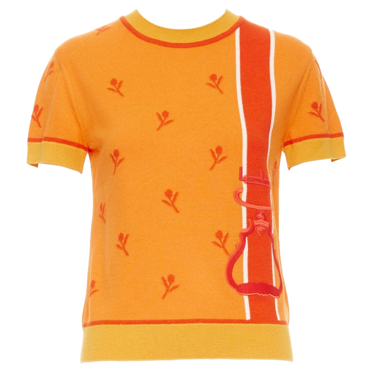 HERMES 2024 Etriers orange pull brodé floral en laine et cachemire FR36 S