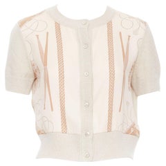 HERMES Beige Nude Kaschmirmischung Grafische Seiden-Crop-Strickjacke FR38 M