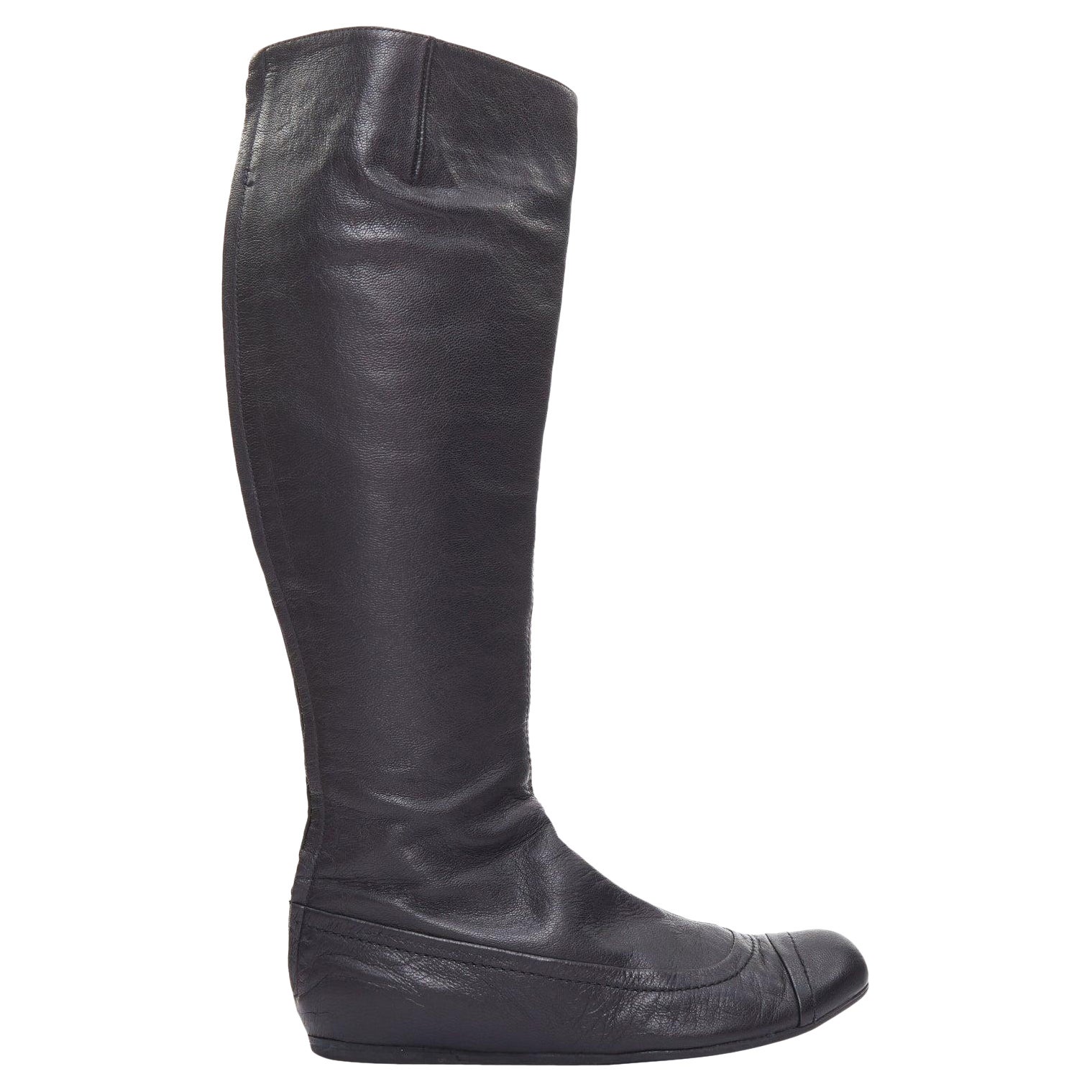LANVIN black soft leather round toe panelled flat long boots For Sale