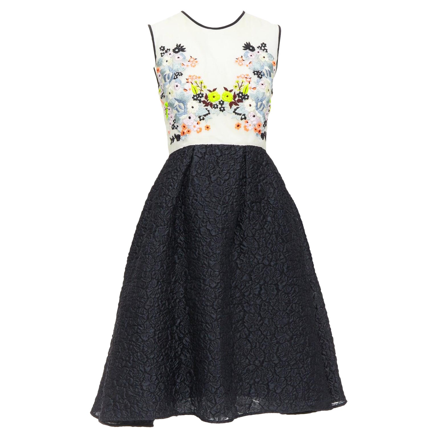 ERDEM Faris Runway cream black silk blend floral embroidered cloque dress UK8 S For Sale