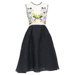 ERDEM Faris Pasarela crema negro mezcla de seda floral bordado vestido cloque UK8 S