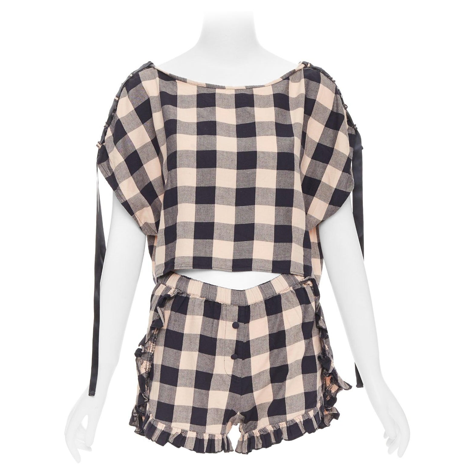 MORGAN LANE peach black cotton ribbon trim checkered top short set P