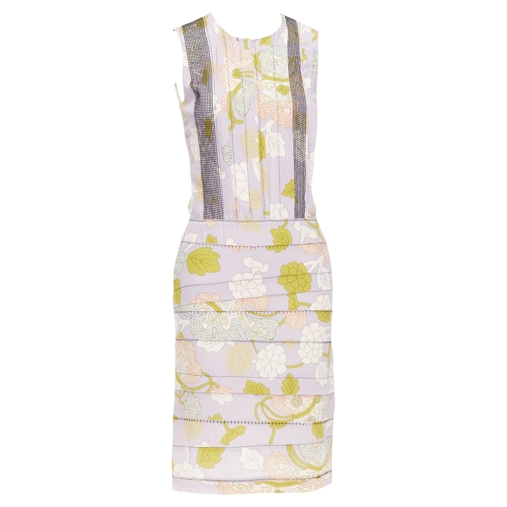 BOTTEGA VENETA 2015 Runway silk purple floral print mesh pleat dress IT38 XS For Sale