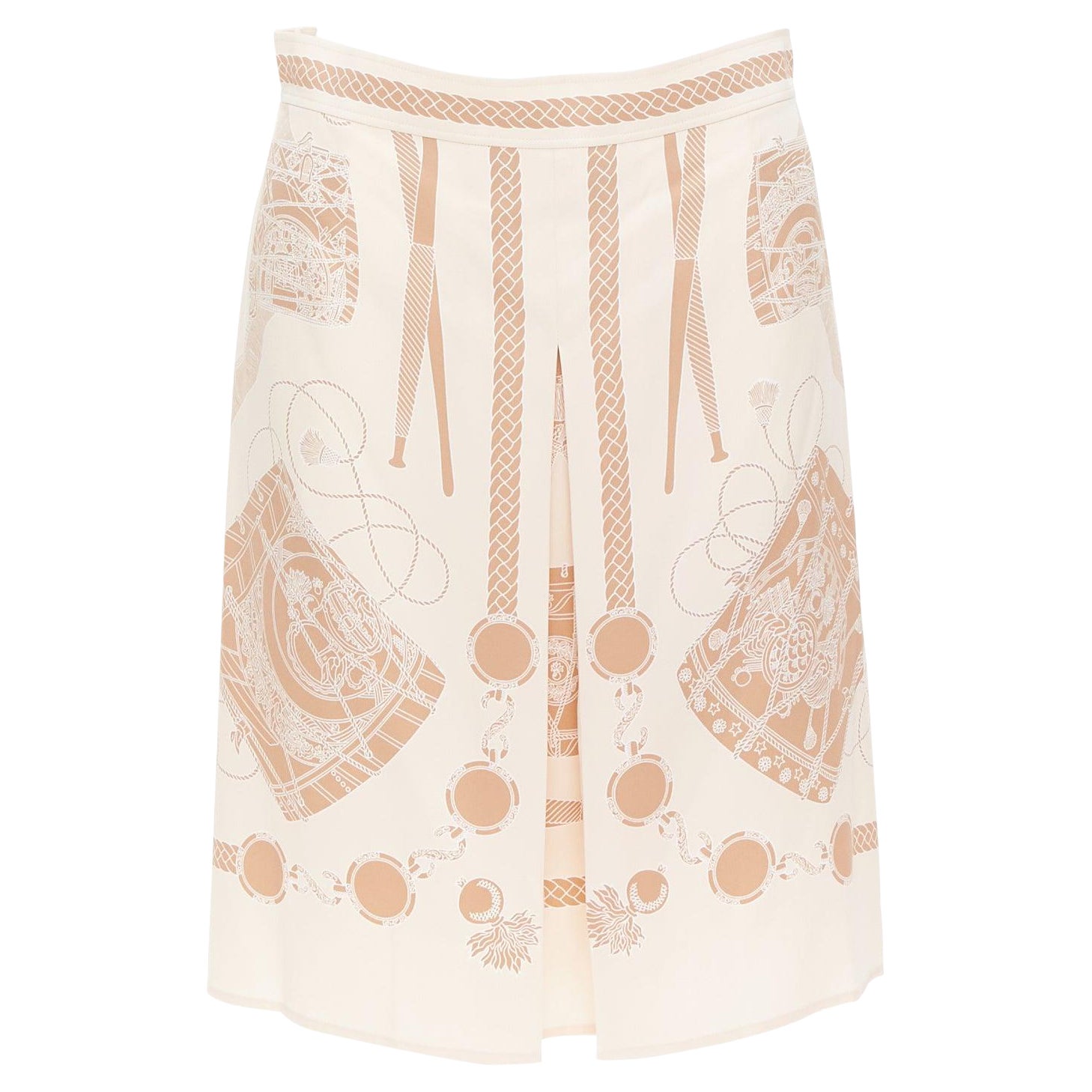 HERMES Les Tambours Finesse 100% silk printed box pleat skirt FR38 M
