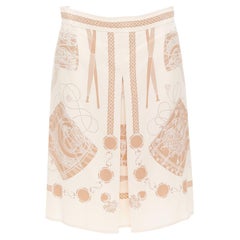 HERMES Les Tambours Finesse 100% silk printed box pleat skirt FR38 M