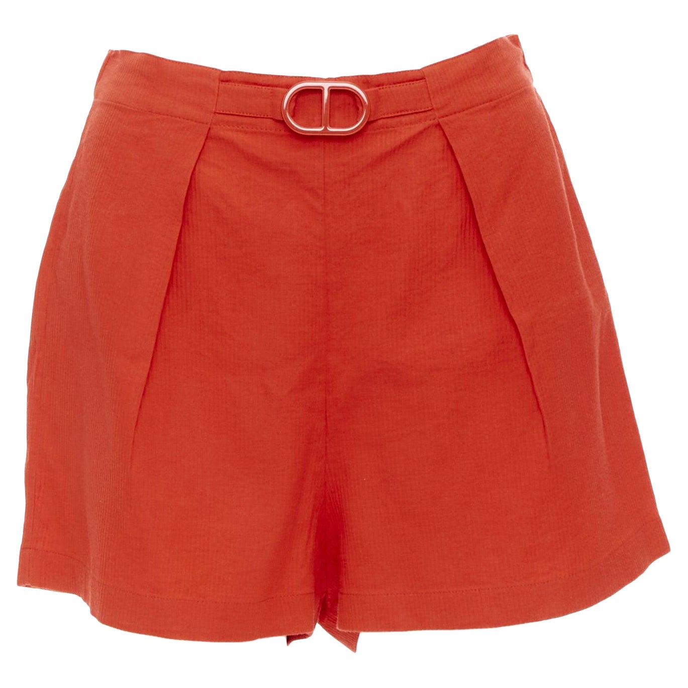 HERMES Chaine D'Ancre red cotton blend buckle pleated shorts FR36 S