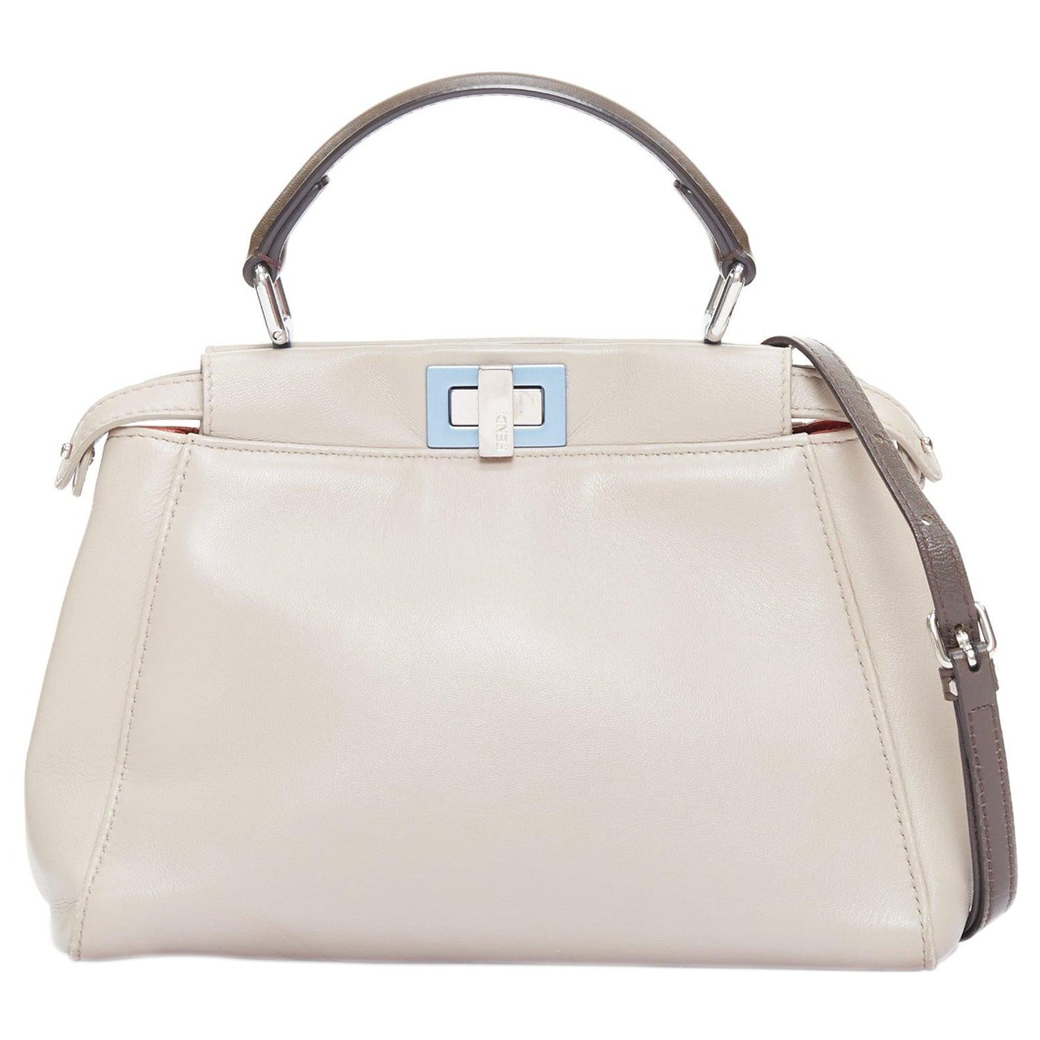 FENDI Peekaboo beige smooth leather blue steel details turnlock crossbody bag For Sale