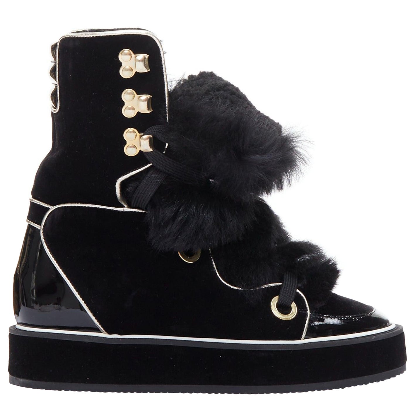 NICHOLAS KIRKWOOD Polly Neige black patent fur trim snow boots For Sale