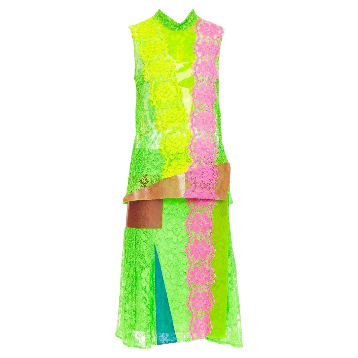 CHRISTOPHER KANE 2016 Conjunto de falda de encaje de PVC verde neón rosa UK8 S