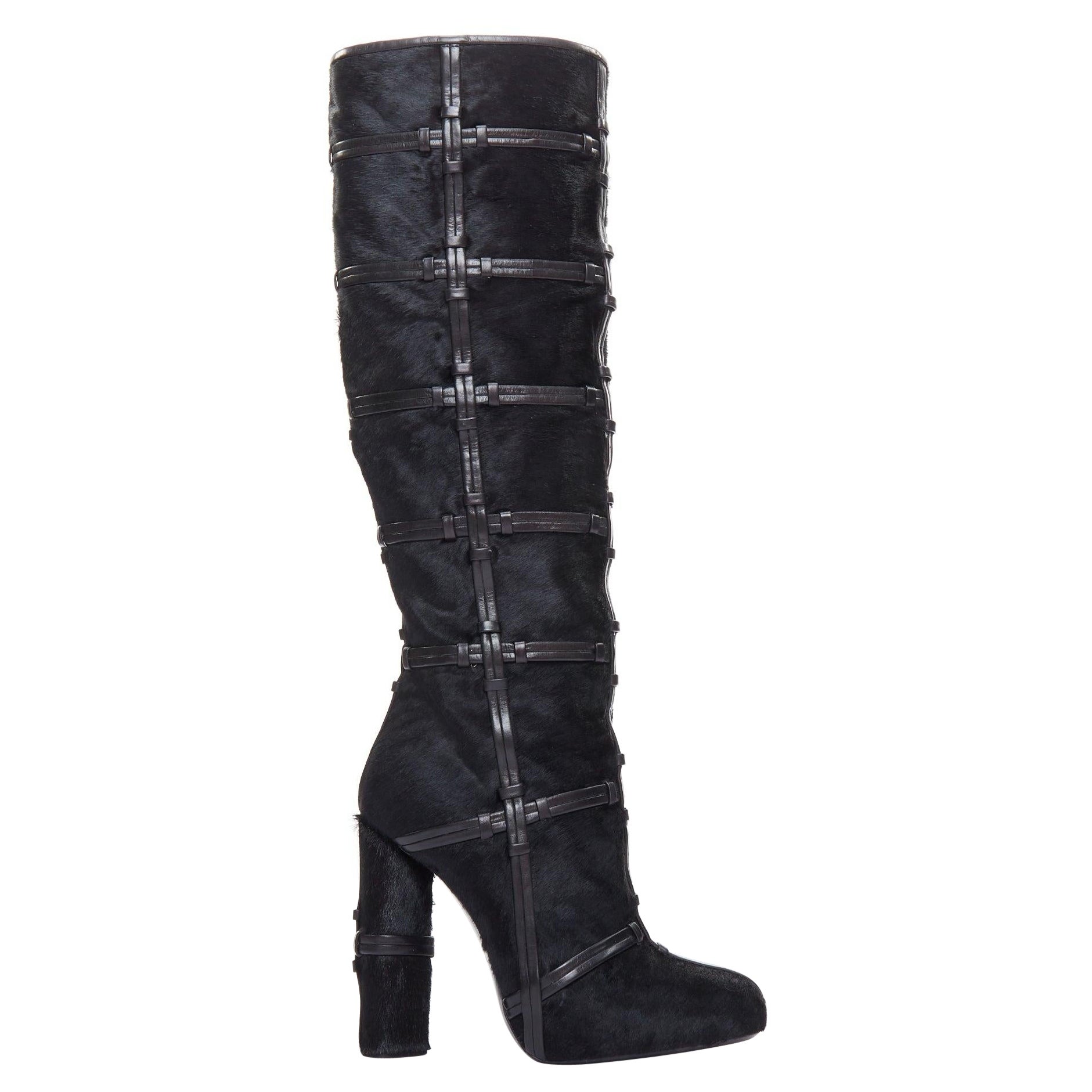 TOM FORD black ponyhair leather cage trim block heeled boots EU36 For Sale