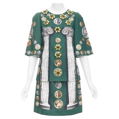 DOLCE GABBANA 2014 Runway green roman coin column bejeweled skirt set IT38 XS